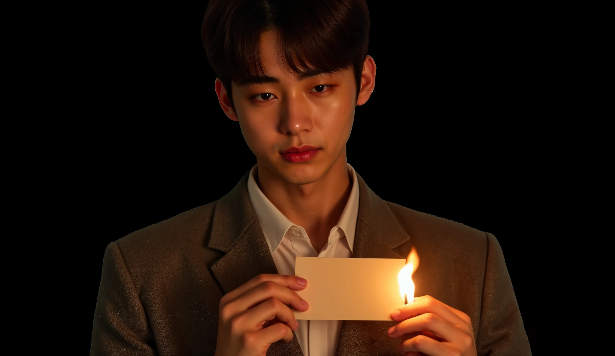 lose-up of a young Asian man with a solemn expression, holding a burning love letter in his hands, orange firelight reflecting on his face. Dark background with floating ashes, ultra-detailed, photorealistic, 8K.