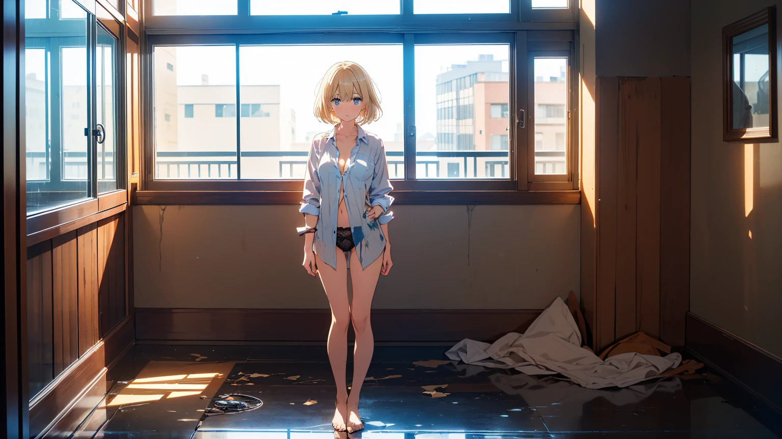 animated cartoon、Blonde girl with red eyes、独奏、Bikini with ruffles、gravure、soio、inside room