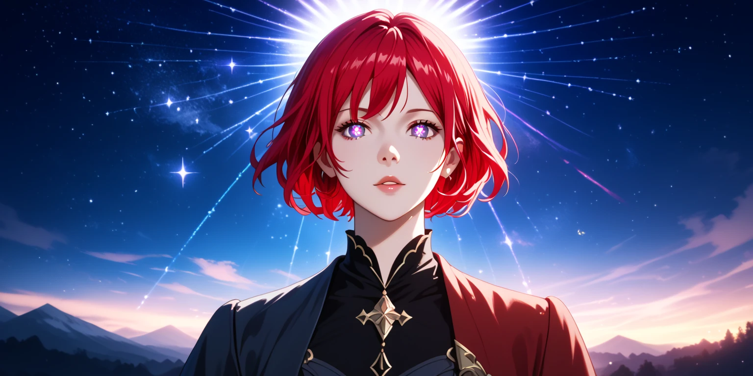 "A highly detailed close-up of anime eyes, both fully visible from a front-facing perspective. The character has red hair, and this hair color is extremely important. The irises are vibrant purple with glowing star-shaped pupils, celestial reflections, and a dreamy fantasy aesthetic. The eyes should have soft shading, intricate highlights, and a glossy finish. Inspired by the night sky and constellations, with cinematic lighting that enhances depth and glow. The hair must be red, and the image resolution should be exactly 1500 x 1500 pixels for high quality