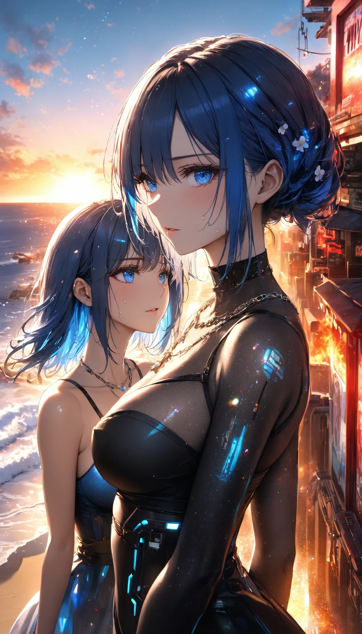Anime girl with blue hair and blue eyes posing in front of window, Extremely detailed Artgerm, seductive anime girls, Art germ on ArtStation Pixiv, 8K high quality detailed art, ! Dream art germ, Style Artgerm, Art germ. anime illustration, Artistic germ style, beautiful and seductive anime woman, like artgerm,Huge breasts,Blush,2girls,