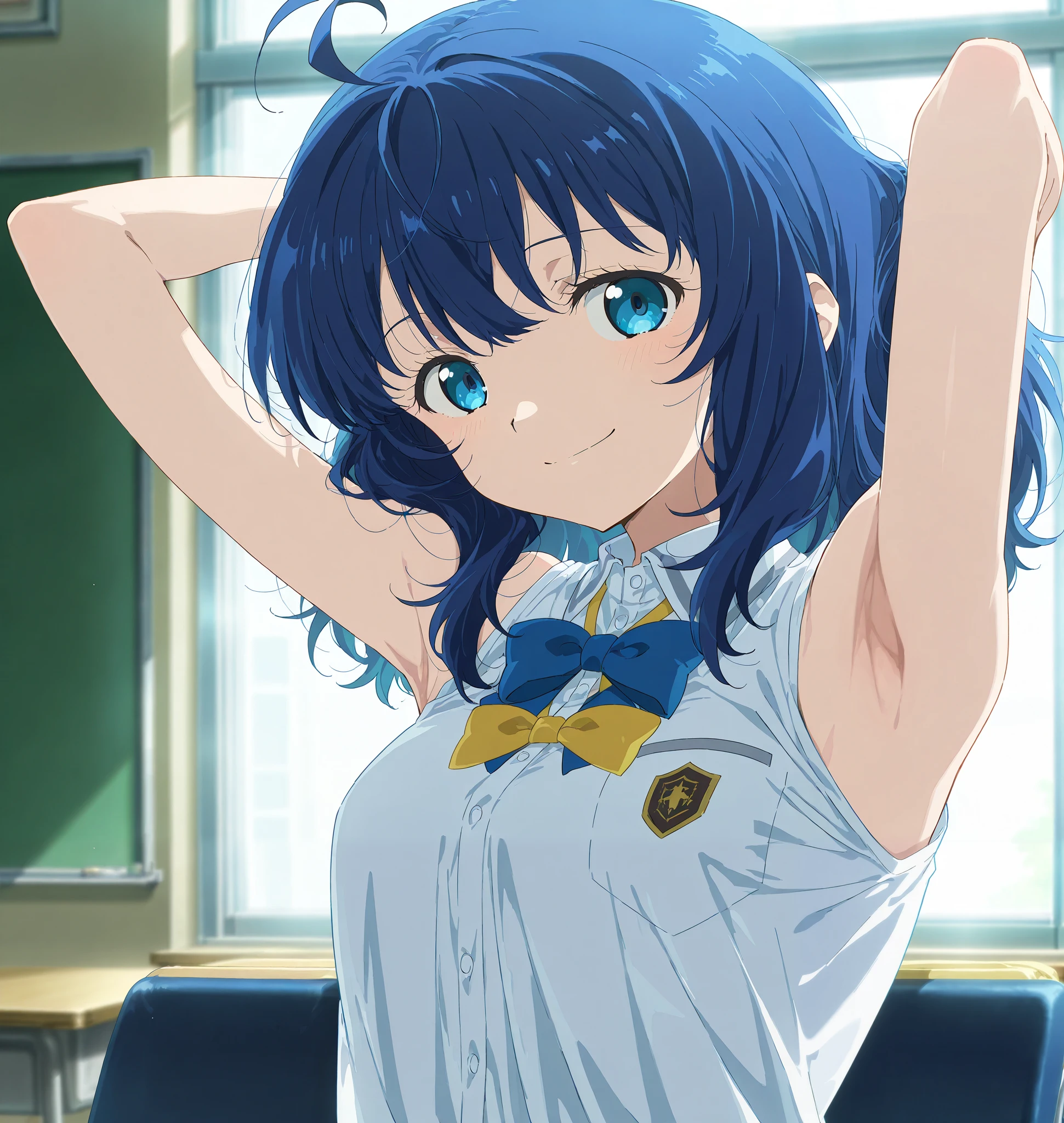 score_9, score_8_up, score_7_up, source_anime, anime screencap, indoors, 1girl, solo, anna yanami, medium hair, blue eyes, ahoge, blue hair, shirt, bow, school uniform, white shirt, sleeveless shirt, sleeveless, bowtie, yellow bow, blue bow, bare shoulders, bare arms, looking at viewer, smile, closed mouth, arms behind head, armpits