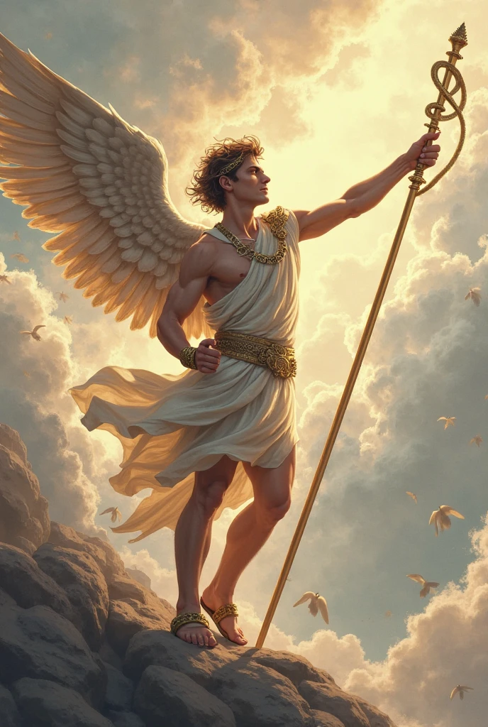Create image of god Apollo with golden wing