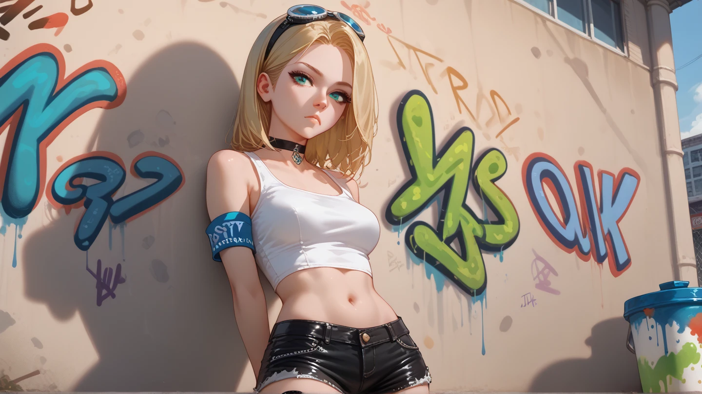 最high quality、best image quality、masterpiece、teenage girl((18-year-old、 By becoming、vest bust、medium bust,wide open breast tea、black eye, blonde hair、Habitual hair、long hair、thin,highest valley、navel black tank top、blue shorts、Holding a spray can、smug face、leaning forward、paint跡、Black leather jeans)),high quality、beautiful art、background((Bright city、wall、graffiti、paint、))debris flies、Depth of written boundary、movie、visual art、perfect art、8K,genuine