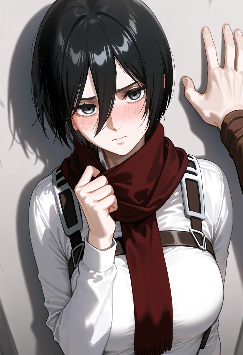 shiny,high resolution image , masterpiece, best quality, great quality, absurdres,ultra detailed,8k,1 GIRL AFTER SEX, mikasa _ackerman, black hair, black eyes, short hair,                 Kabedon, throw, male hand, wall, against wall, blush, looking at viewer, throw, throw hands, Kabedon,