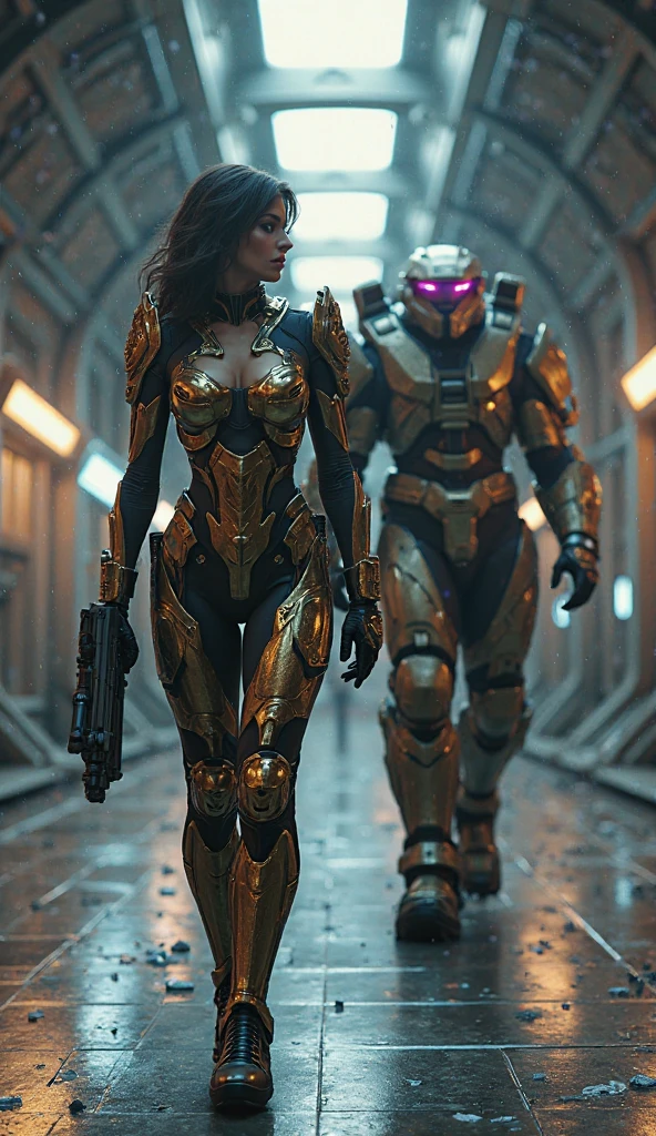 A badass muscular 21 year old female wearing red , gold, black Halo Master Chief  armor and helmet from Halo with large breasts holding gigantic futuristic rifle walking down hallway of futuristic space station Hyperrealistic art An unsettling and incredibly lifelike (masterpiece, best quality:1.4), (beautiful, aesthetic, perfect, delicate, intricate:1.2), Extremely high-resolution details, photographic, realism pushed to extreme, fine texture,