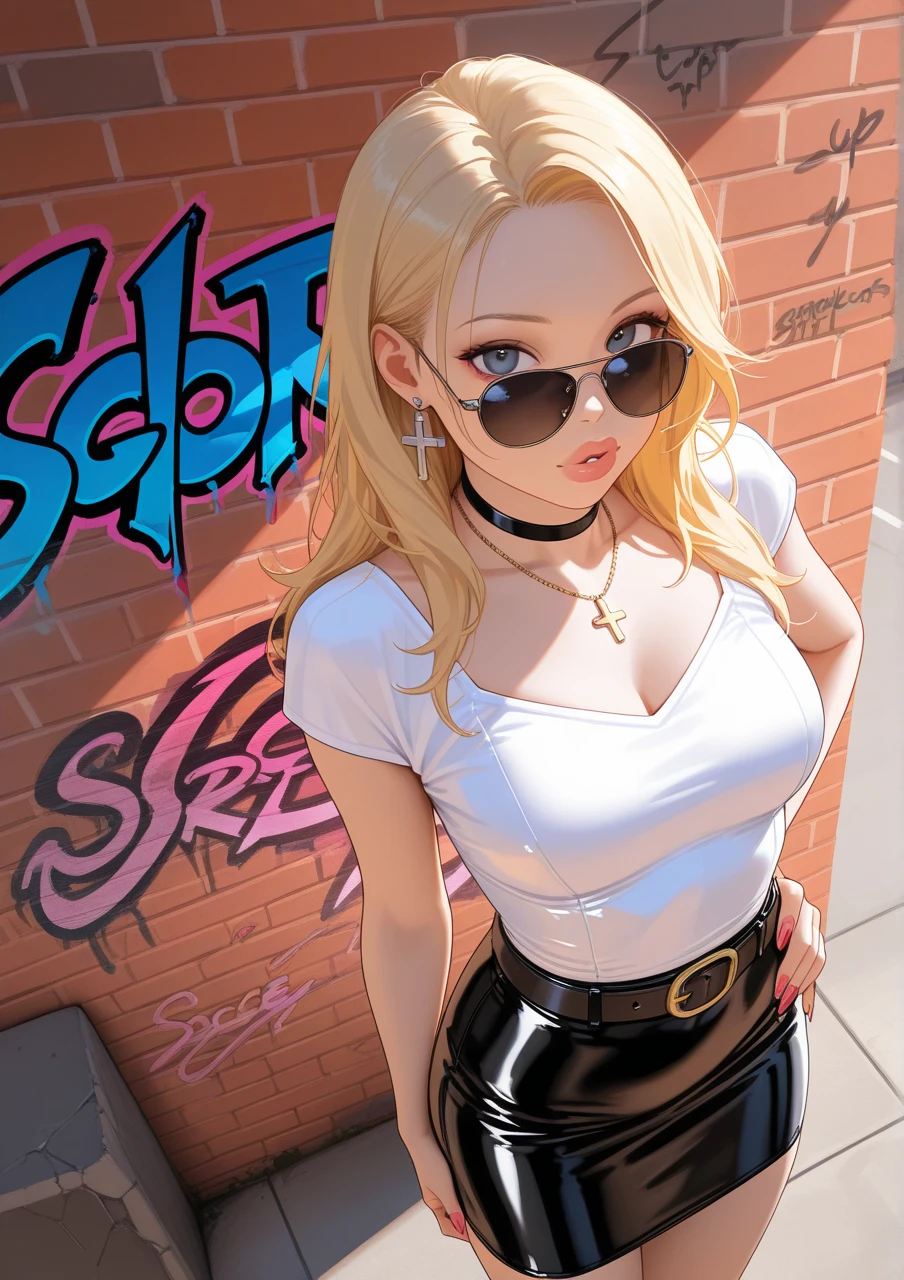 masterpiece, best quality, mature woman, blonde hair, sharp eyes, curvy body, dirty alley, thong, besides dumpster, front view, hand on thighs, hopeless eyes, tired, despair eyes, slave tattoo, junkie, tattoos, eye bags, eye shadow, (skimpy clothing), bend over, (whore expression), (please show nipples through clothing), idiot smile