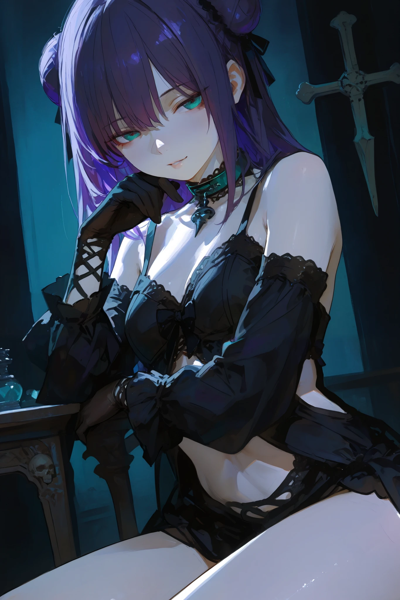 Masterpiece, Beautiful art, professional artist, 8k, art style by sciamano240, Very detailed face, Detailed clothing, detailed fabric, 1 girl, Soul Fullness \(Honkai Impact 3rd\), standing, perfectly drawn body, shy expression, 4k eyes, very detailed eyes, pale skin, beautiful face, short dark blue hair, choker: 1.6, (shiny black tight bodysuit), black gloves, gloves that cover hands, Sensual Lips , evening de invierno, show details in the eyes, looking at the viewer, Dark road, dark forest, evening, Atmosphere, fog