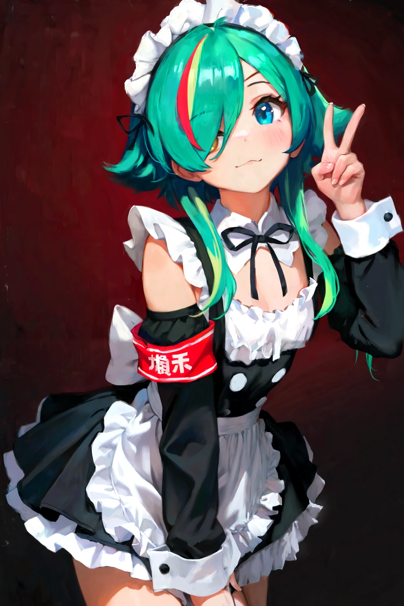 masterpiece, best quality, high quality, very awa, painting style, oil painting, [(green_hair), 1girl, solo, one eye, detached sleeves, hero costume, visiblehighlights_(/coloring)/], (hair_over_eye,), solo,
v sign, <3, maid uniform, long sleeves, armband, slim, anthro, female, (solo:1.2), (red background, [black background], gradient background),