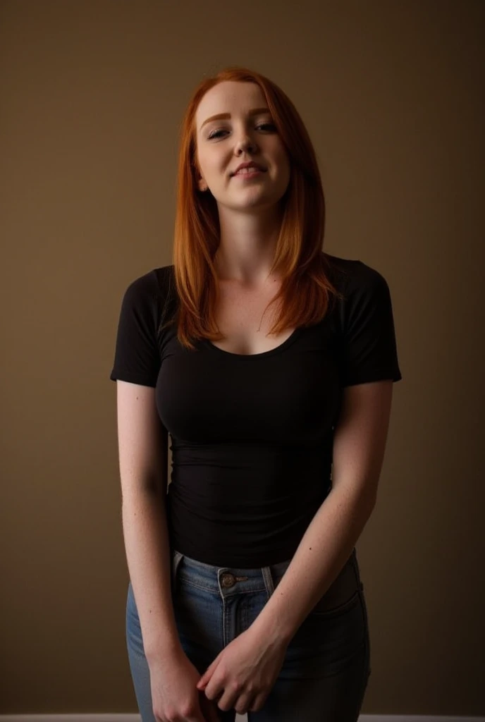 Nude small breasted red head woman full body performing oral sex