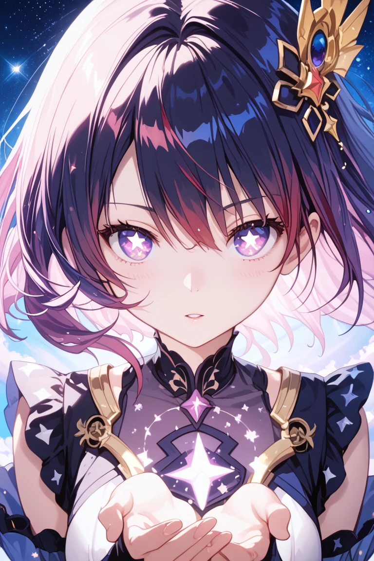 A highly detailed close-up of anime eyes, both fully visible from a front-facing perspective. The character has red hair, and this hair color is extremely important. The irises are vibrant purple with glowing star-shaped pupils, celestial reflections, and a dreamy fantasy aesthetic. The eyes should have soft shading, intricate highlights, and a glossy finish. Inspired by the night sky and constellations, with cinematic lighting that enhances depth and glow. The hair must be red, and the image resolution should be exactly 1500 x 1500 pixels for high quality