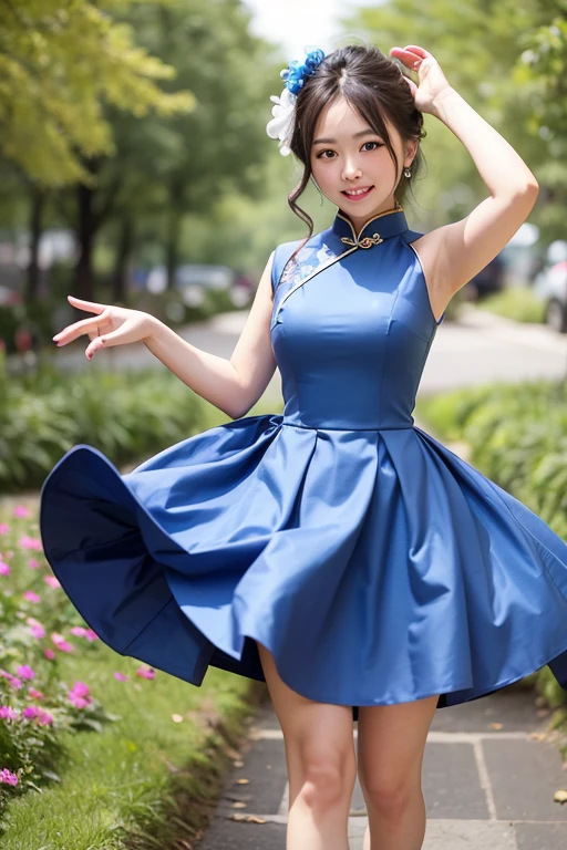Highest quality, masterpiece,32K ,photograph、 Photorealistic, High resolution, 8k RAWphotograph,alone, 1 girl,、Age 35、Slim figure、A sloppy smile、 ((((Sleeveless yellow cheongsam))))、In the mountains、High heels