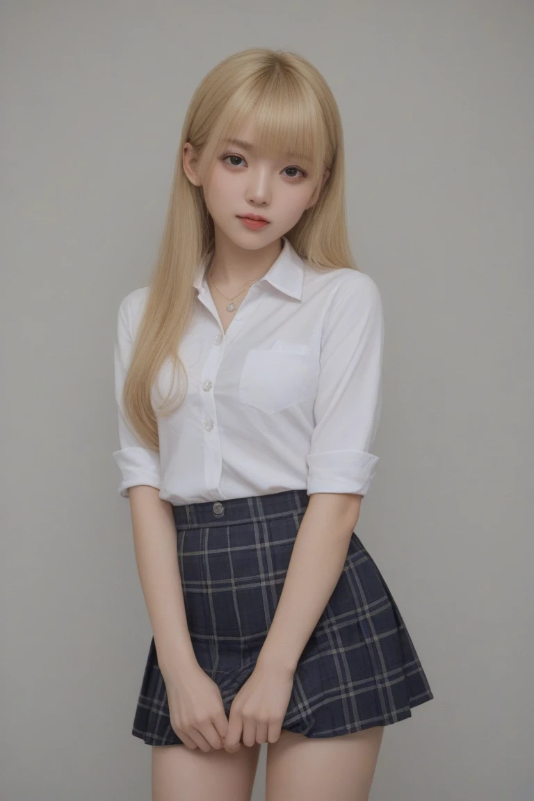 best quality,tmasterpiece,Ultra-high resolution,Clear face,(Reality:1.4), ferpect lighting,(full body photo:1.5), (photorealistic:1.30), anime wallpaper, Guviz style artwork, close -cover fantasy to magic, by Yang J, Guviz, beautiful artwork illustration, beautiful digital artwork, beautiful digital illustration, Li Song, beautiful anime portrait, art style at Beauvot, kitagawa marin, 1girl, blonde hair, long hair, Bangs, multicolored hair, red eyes, jewelry, earrings, piercing, , white shirt, tied shirt, black choker, blue necktie, plaid skirt, indoors, inside, indoor, open smile, pose, desks, Glowing skin, sitting,