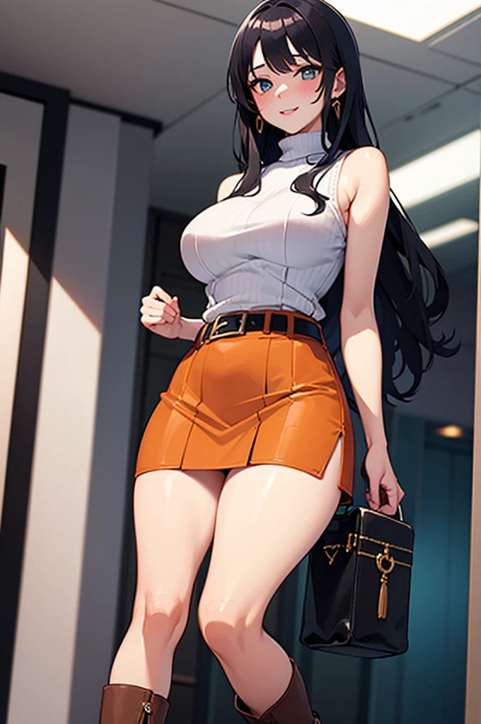 realistic anime illustration of beauty damsel at white indoor Greco-Roman style architect, she has a black long hair (forehead), wearing black long sleeve cold shoulders crop shirt , denim pencil mini skirt with belt strap, (1girl, solo, full body), (masterpiece, best quality, Japanese anime style), (expressive eyes, perfect face, perfect anatomy)