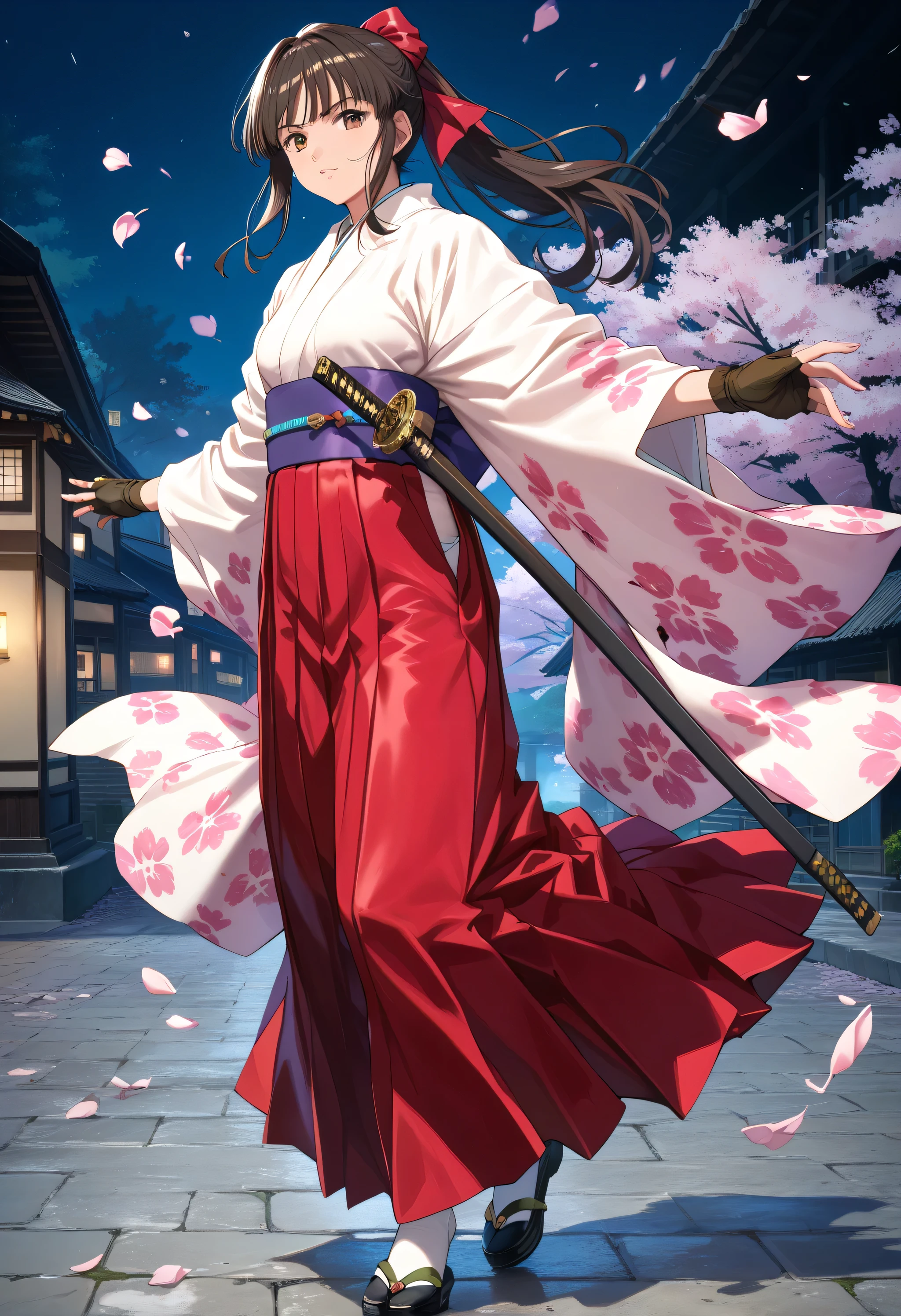 Score_9, Score_8_up, Score_7_up, Score_6_up, Score_5_up, Score_4_up, Source_anime, official art,anime coloring,
Tag1, Tag2, Quality_masterpiece, Anatomically correct, Beautiful face, Perfect face, Highly detailed beautiful face and eyes, Attractive face, Detailed face, Delicate facial features, Detailed skin,
sakuraBase, 1girl, solo, black hair, hair ribbon, red ribbon, brown hair, ponytail, red bow, sidelocks, bangs, slender face,Huge Sagging Breasts, slender body,brown eyes,
meiji schoolgirl uniform, japanese clothes taken off, red hakama, floral print sleeves, floral print kimono, purple sash, fingerless gloves, green obijime, white tabi, black footwear,
action shots, dynamic_pose,
holding a katana, Two-handed katana,
looking at viewer, standing,full body,
background is a dramatic battlefield,night,
Cherry blossoms dancing in the night,