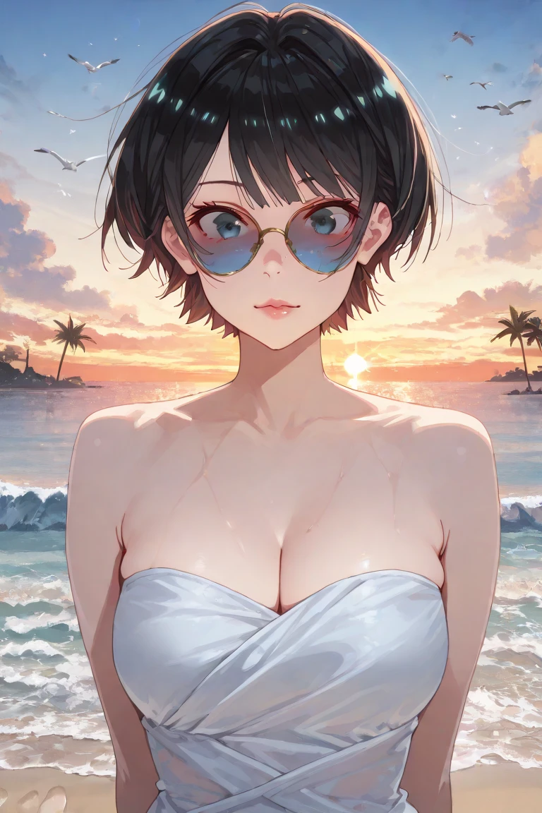 ((Highest quality)), ((masterpiece)), (Familiar), Illustration Style,Perfect Face,1 Girl,Black Hair,Short Hair,Glowing Skin,big, Bright Blue Eyes,Beautiful Bangs,Small breasts,Super Beauty,woman,16 years old,White Bikini,Beautiful clothes,Glasses,Ocean,evening,smile