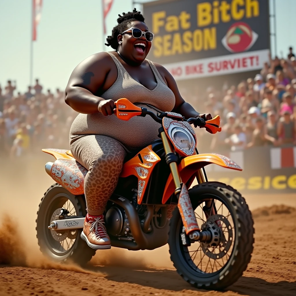 full-figured woman, pulling a large truck with chains wrapped around her body, soaring clouds of dust, 