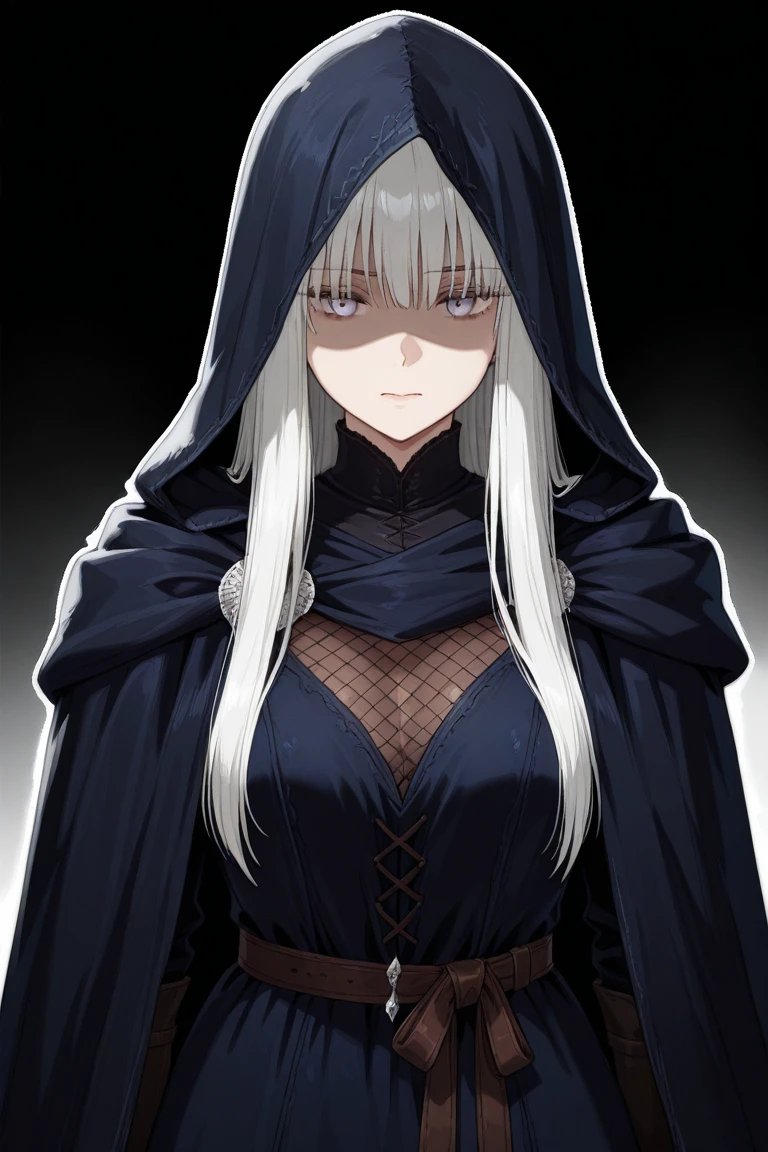 ((best quality)), ((masterpiece)), (detailed), perfect face, a tall buff woman, dark witch, with long loose wavy lavender hair, blue eyes, medieval, black robe covering the head, black robe wear, emotionless tired face