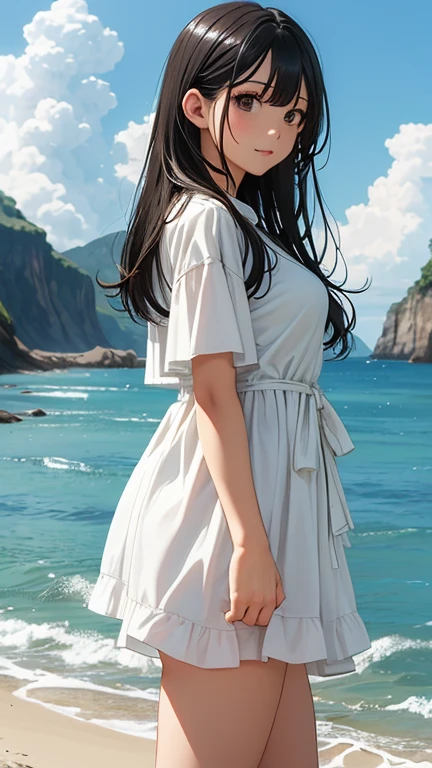 (Facial Focus), (1 Girl, Female, Woman, Solo, Pale Skin, Casual Fashion, Kawaii), (Long Hair, Single Braided Hair, Black Hair, Cute Face, Light Smile), (By the Sea), Milky Way, Sunset,