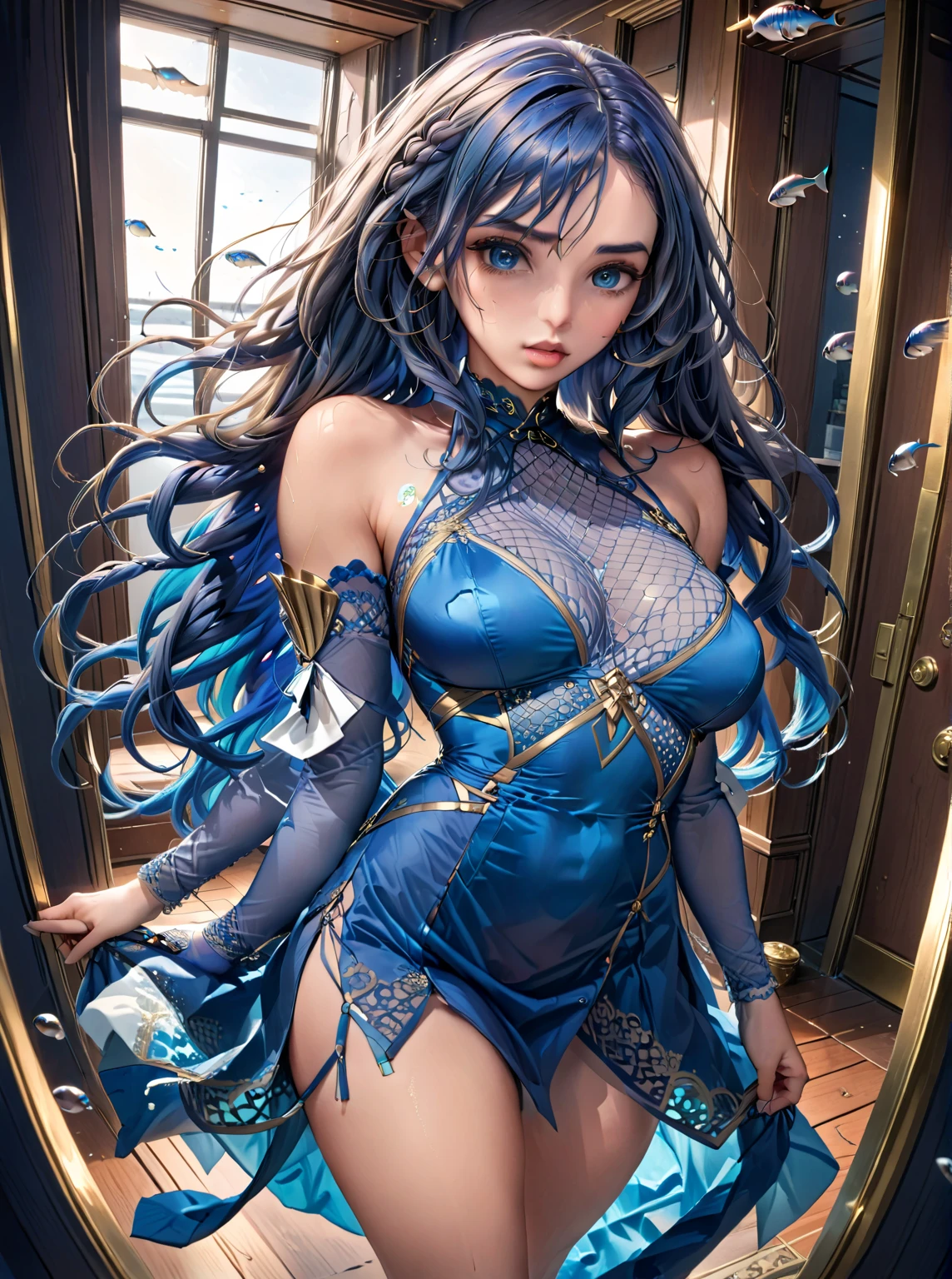 Girl, long dark iridescent hair, iridescent eyes, large thighs, western cowboy outfit