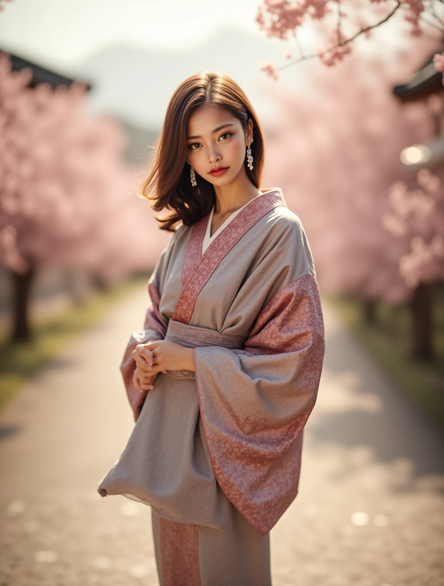 (32K, BEST QUALITY, masterpiece, photorealistic, super high resolution), ((Sakura Fubuki, Big Cherry Blossom Tree)), Highly Detailed Skin and Face Textures:1.3, perfect dynamic composition:1.4, (the night before a shrine in a modern city, Expressions of sadness:0.8, tears are flowing, Crying heart aching heart:1.0), slim woman, white skin, Water droplets on skin, Rain drips all over my body, wet body, wet hair,  beauty, perfect style, beautiful and aesthetic, very pretty face:1.0, (Wearing a professional kimono, Holding a bouquet of wet cherry blossoms, Wet Light Purple Kimono), medium ,   gap, (Beautiful  eyes:0.8, Overly sensual:0.8, enchanting:0.8), earrings, wedding ring