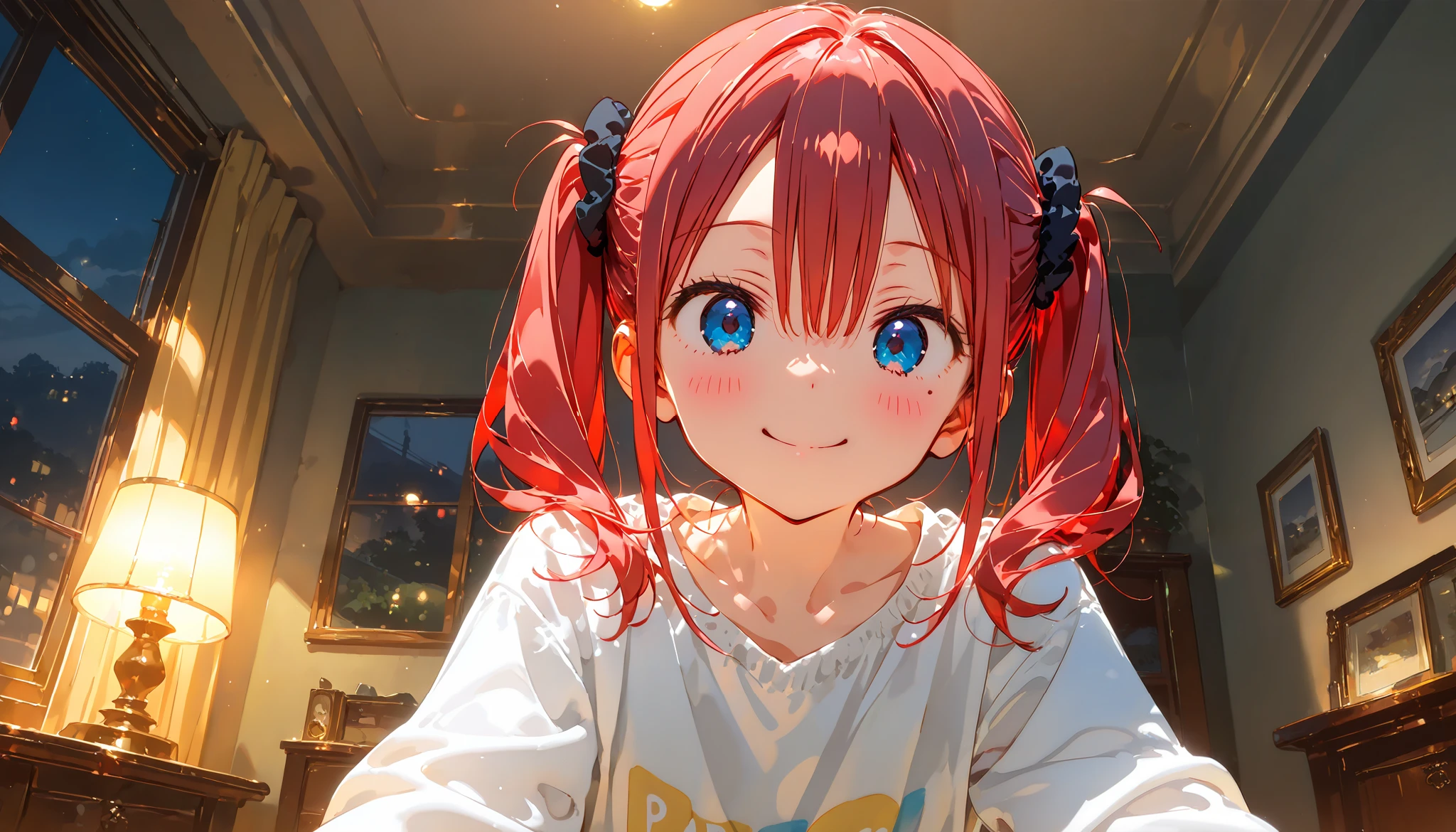 masterpiece , best quality, 1girl, high twintails, short twintails, round eyes, black scrunchie, bangs, hair between eyes, red hair, blue eyes eyes, mole under left eye, 16-year-old, Parker, looking at viewer, smiling, in the room, hyper detailed, anime, (hard-edged:1.4), golden ratio, highly saturated colors, upper body, night, making a peace sign