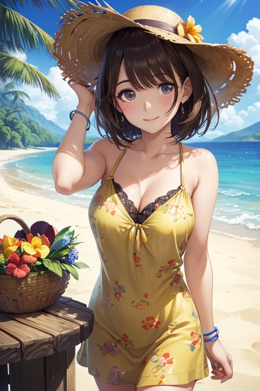 Reddish brown hair Short Bob Brown eyes beautiful girl Yellow swimsuit blue sea White sand beach Light of the sun smile sunglasses