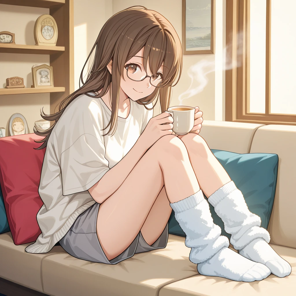 (masterpiece,best quality),1girl, solo, tail, barefoot, smile,fang, bottomless, sitting, blush, looking at viewer,fang out, cup, holding, spread legs, shirt, content rating, long sleeves, closed mouth, holding cup