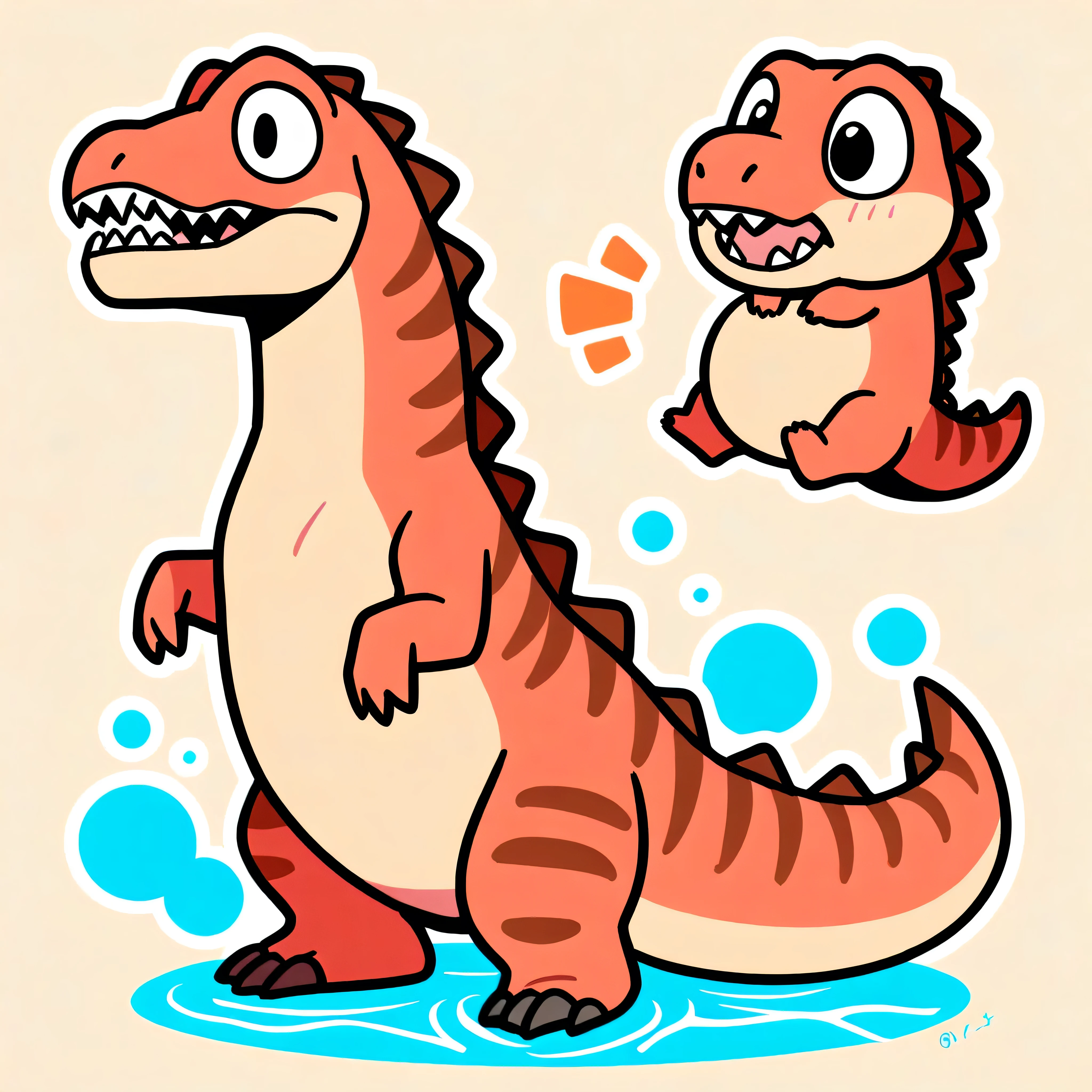Draw a cute, cartoon-style T. rex with a large head, tiny arms, and a long tail, resembling the T. rex from Jurassic Park, but in a minimalistic, -friendly design. The T. rex should have simple, rounded shapes, big friendly eyes, and a playful expression, with bold black outlines. Next to it, draw a smaller baby T. rex in the same style, with a big head and tiny arms, looking playful. Both dinosaurs should be easy to color, with no intricate details, just bold black outlines and simple shapes. The background should be a calm, simple lagoon with minimal details like basic wavy lines for water and a few simple rocks or plants. The entire image should be in black and white, with thick outlines, designed specifically for a ren's coloring book