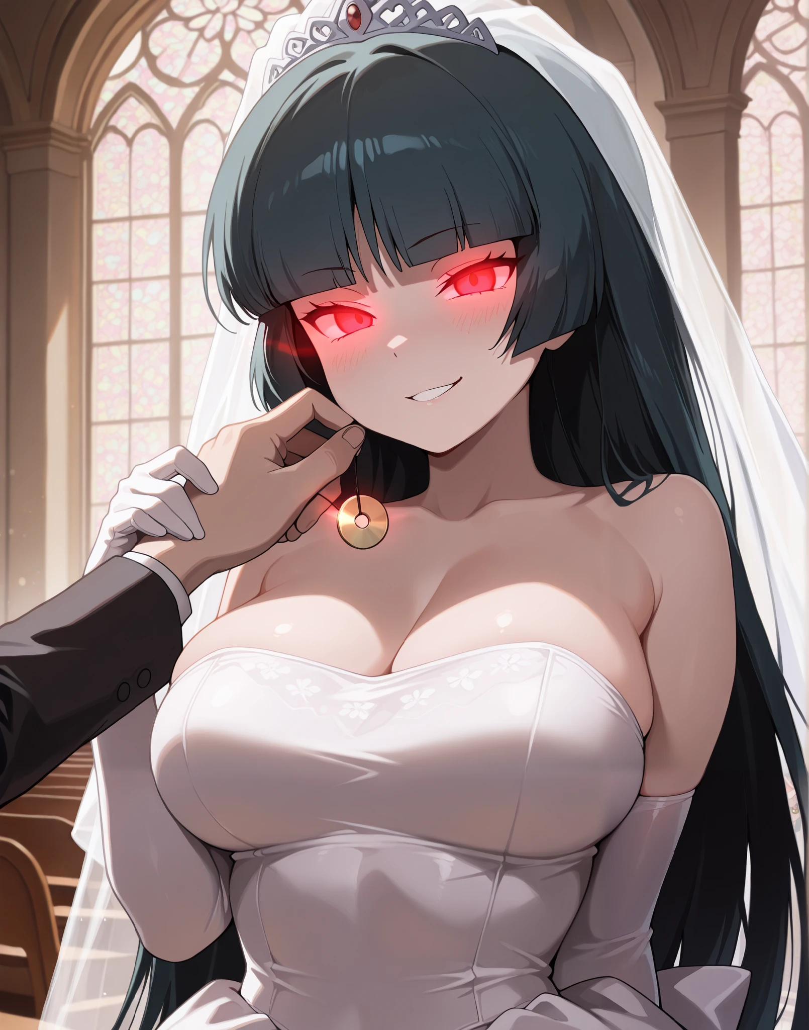 (masterpiece) ,best quality,amazing quality,very aesthetic,absurdres,newest, Sabrina (Pokemon), large breasts, 1girl, wedding church, nighttime,,pokemonsabrina, black hair, long hair, bangs, blunt bangs, red eyes, hime cut, sidelocks,, hypnosis, glowing eyes, seductive smirk, wedding dress, holding pendulum to her face