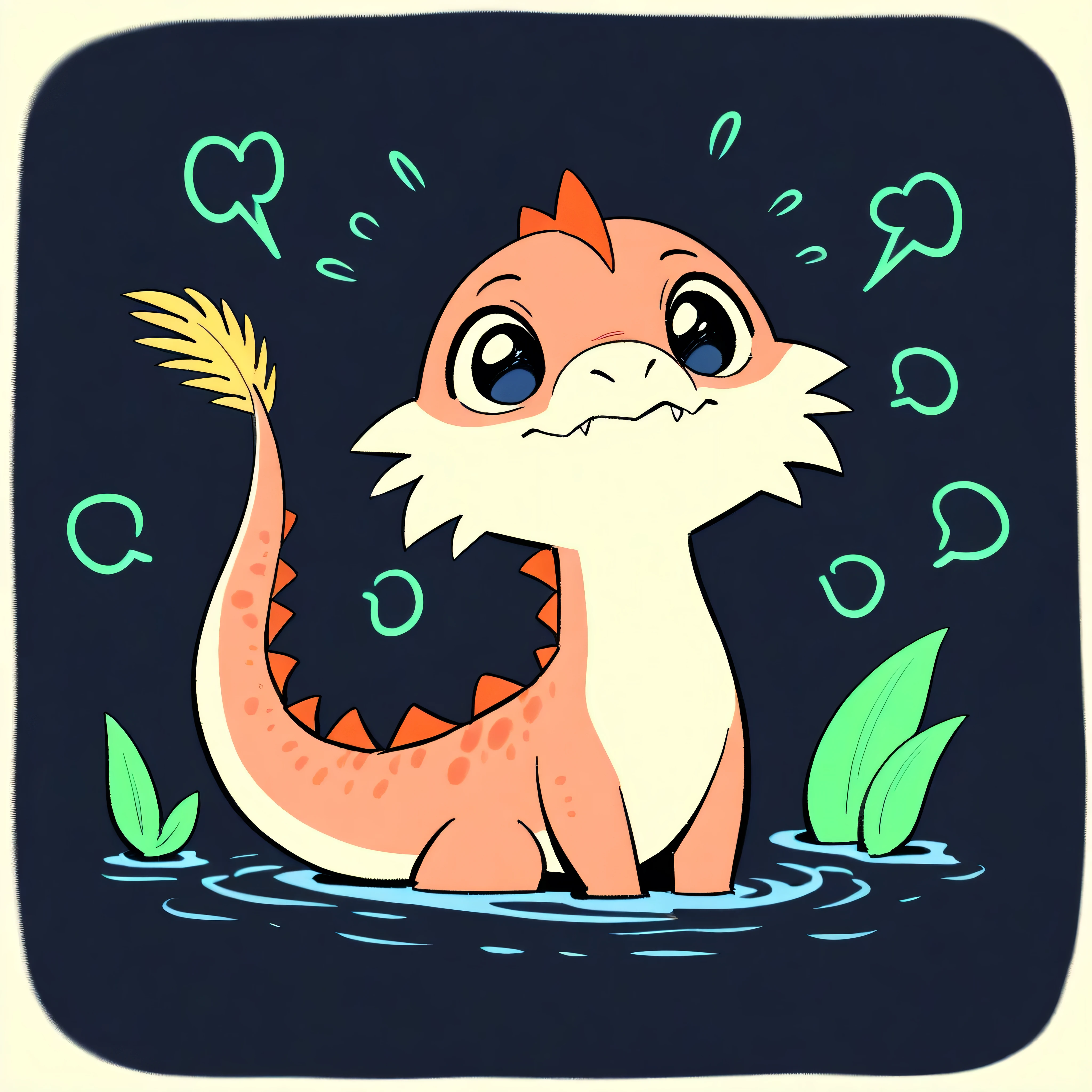 Draw a cute, cartoon-style T. rex with a large head, tiny arms, and a long tail, resembling the T. rex from Jurassic Park, but in a minimalistic, -friendly design. The T. rex should have simple, rounded shapes, big friendly eyes, and a playful expression, with bold black outlines. Next to it, draw a smaller baby T. rex in the same style, with a big head and tiny arms, looking playful. Both dinosaurs should be easy to color, with no intricate details, just bold black outlines and simple shapes. The background should be a calm, simple lagoon with minimal details like basic wavy lines for water and a few simple rocks or plants. The entire image should be in black and white, with thick outlines, designed specifically for a ren's coloring book