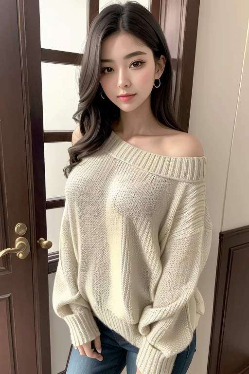 1 girl、best image quality、20th generation women、Gravure idol pose、sexy sweater、black eye、black haired、Japanese、Slender、Boyfriend's bedroom、Realistic、Correctly depict the structure of the human body、Draw a person in the center of the screen、attractive、slight smile