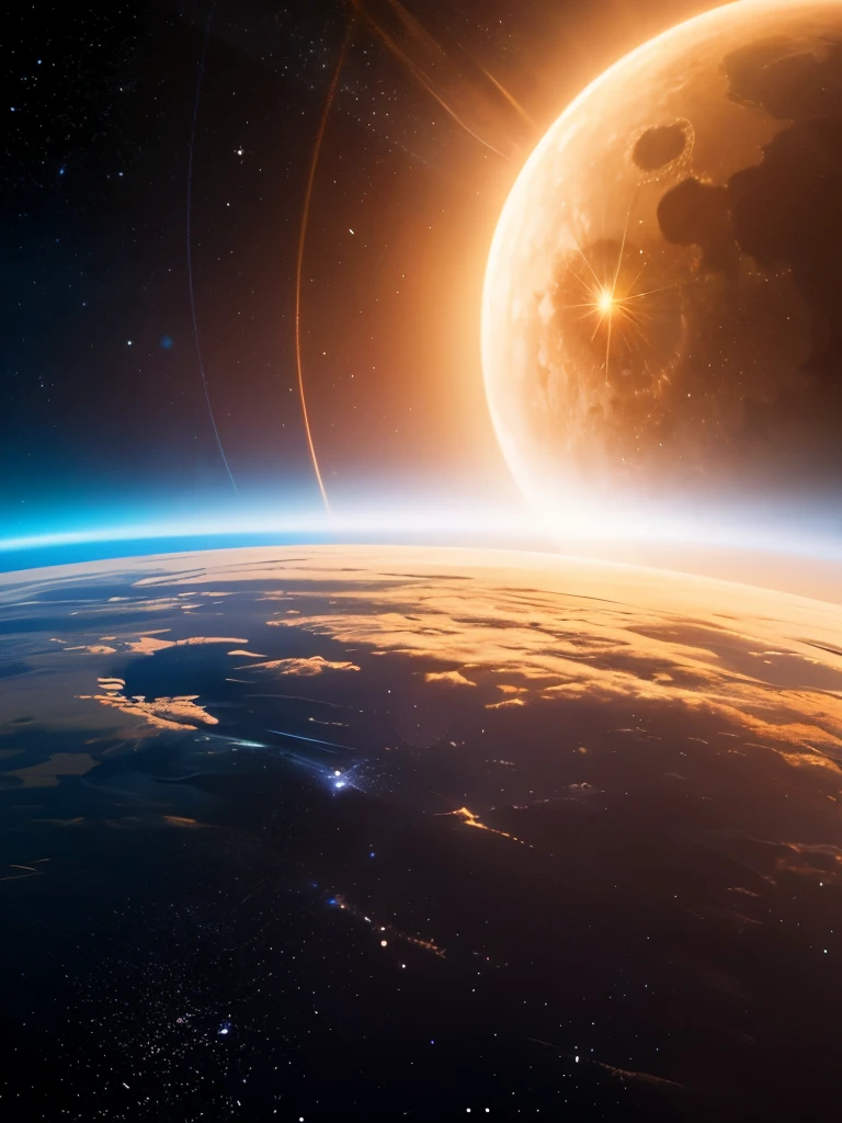 A vivid, celestial scene reveals a sweeping view of a planet, likely Venus, bathed in an ethereal ambiance. The planet's surface exhibits swirling clouds painted in shades of gold and deep blue, creating a dramatic contrast against the vast darkness of space. A brilliant beam of light arcs gracefully across the upper right, hinting at the proximity of a sun or star, while the planet's curvature adds a sense of depth and immersion. The overall composition evokes a sense of wonder and mystery, capturing the stark beauty of this alien world while inviting contemplation of the cosmos.