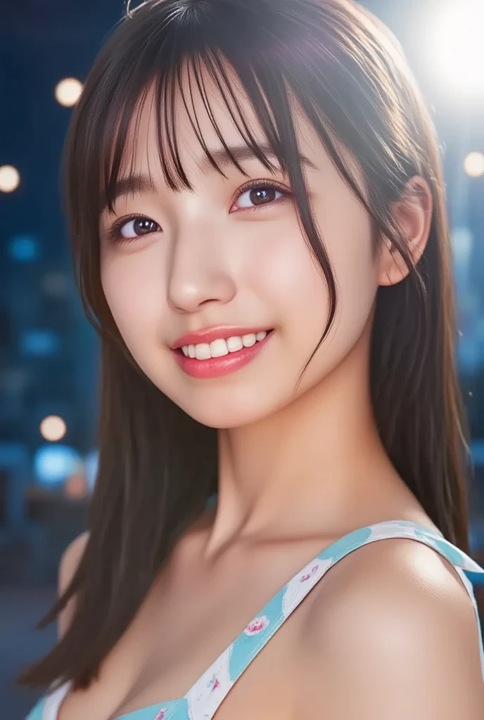 Highest quality, (beautiful)、Micro Bikini、Soft 、Larger breasts、Close-up、smile、Beach、night