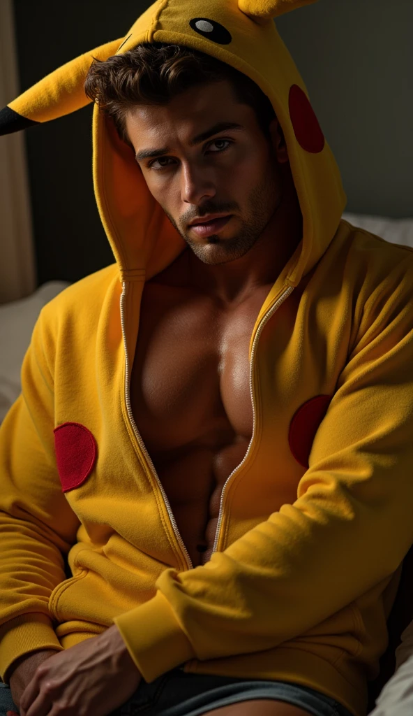 (1man) in cute yellow (pikachu) onesie, muscular, sexy, hairy, from above, torso