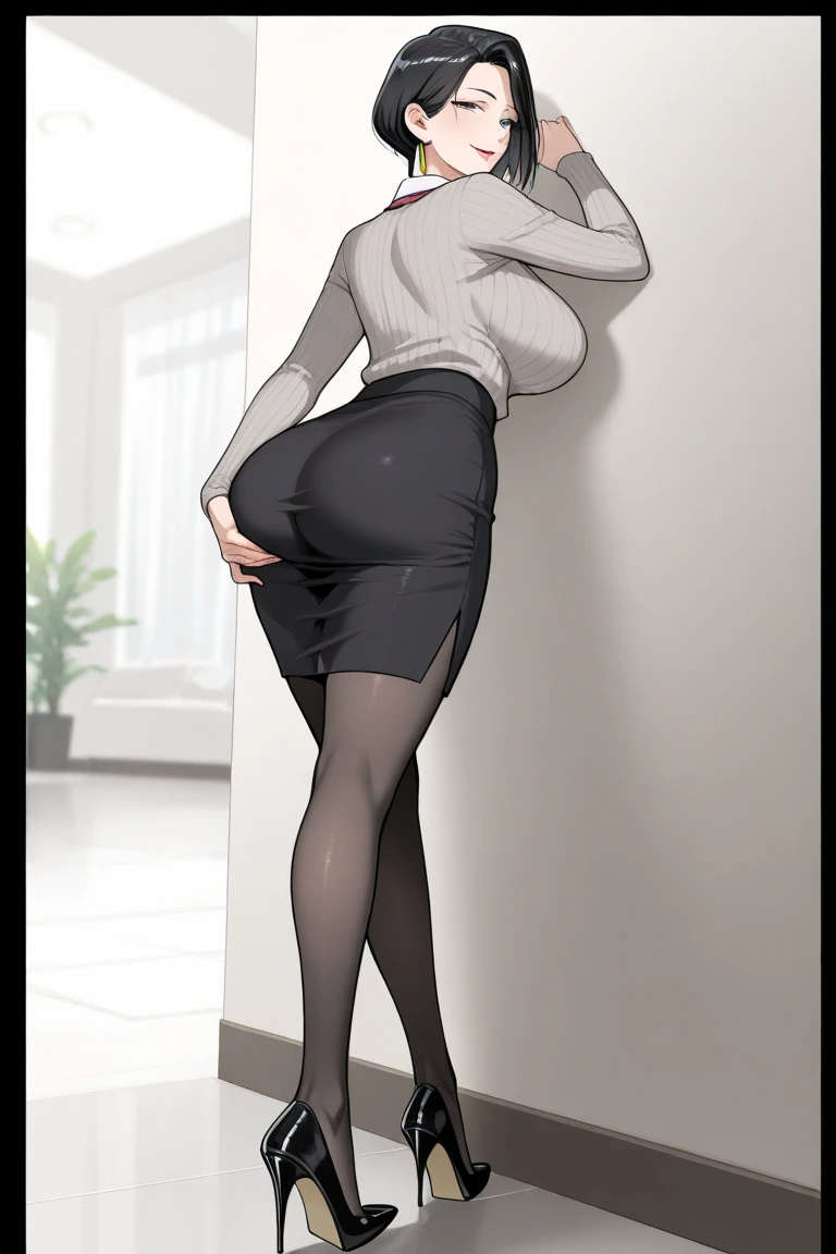 Sexy, long wavy hair with bangs, Woman on her hands an knees in a black crop top and skimpy black leather skirt with sheer high gloss black pantyhose, 3/4 shot, turning back to look at camera, cute pantyhose butt with cameltoe from behind, sexy pointy black Christian Louboutin high heels, on the floor, on a white shag rug, modern living room, photo from above looking down at her, (((man kneels beside her and grabs her ass cheek))), man knelling next to her with jeans unzipped exposing his cock , man is naked, Christmas tree in background, UHD, photorealistic 