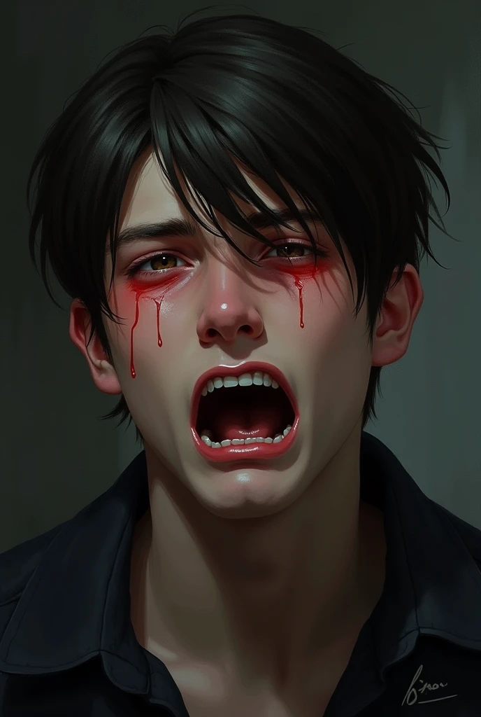 Cool guy、Look Up、Eyes wide open、Brown eyes、The face has been punched and injured、White shirt、Face close-up、fear、Blood dripping down my face