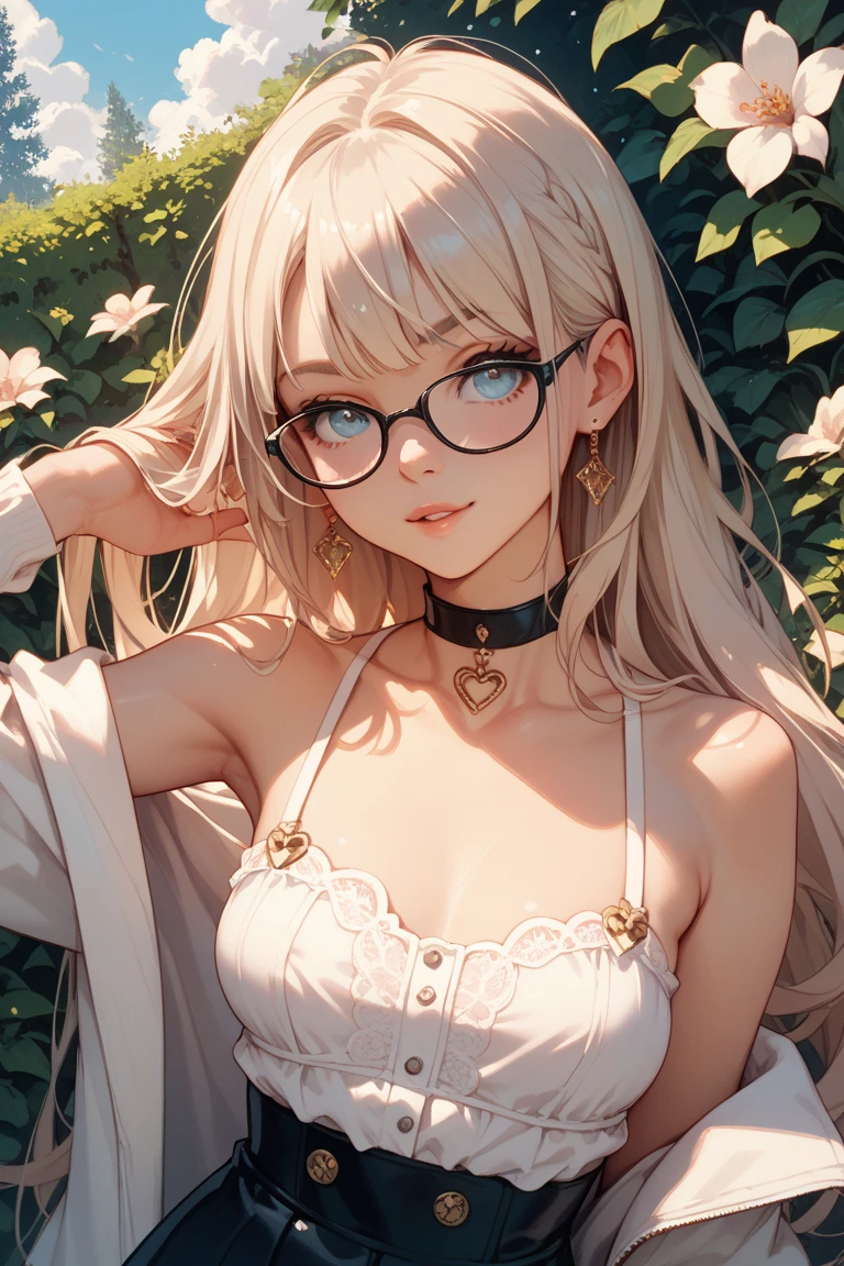 A 16 year old asian girl, pale skin, light blonde hair straight hair and long, bangs, light green eyes, blonde eyelashes, rosy cheeks, glossy pink lips, dressed in a long white dress With lace and pink bows and off shoulder, smiling a little, next to a boy with orange, kissing wavy hair with green eyes and round glasses wearing a white button-down shirt besando a un chico
