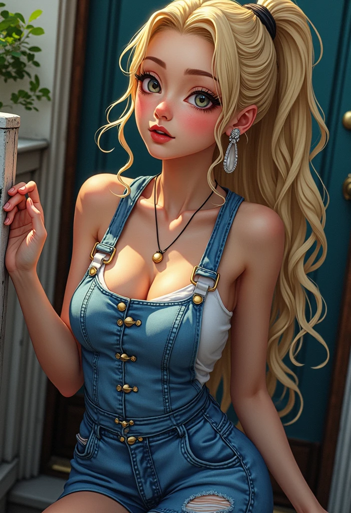 big breasts ((1 cat girl)) hot sexy girl ((long blonde hair, high ponytail)), blue eyes, wavy hair, extremely sexy body, Choker, (((wearing a bold and stylish denim jumpsuit ))), extremely detailed, hyper detailed, (((perfect face)), soft lighting, ((best quality)), dynamic pose, sexy pose, dirty with grease, cute and sexy expression, in front of workshop