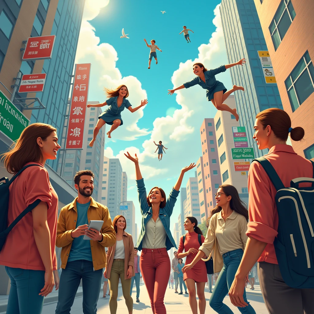 Create a group of women, Men and children flying into the sky of a modern city square