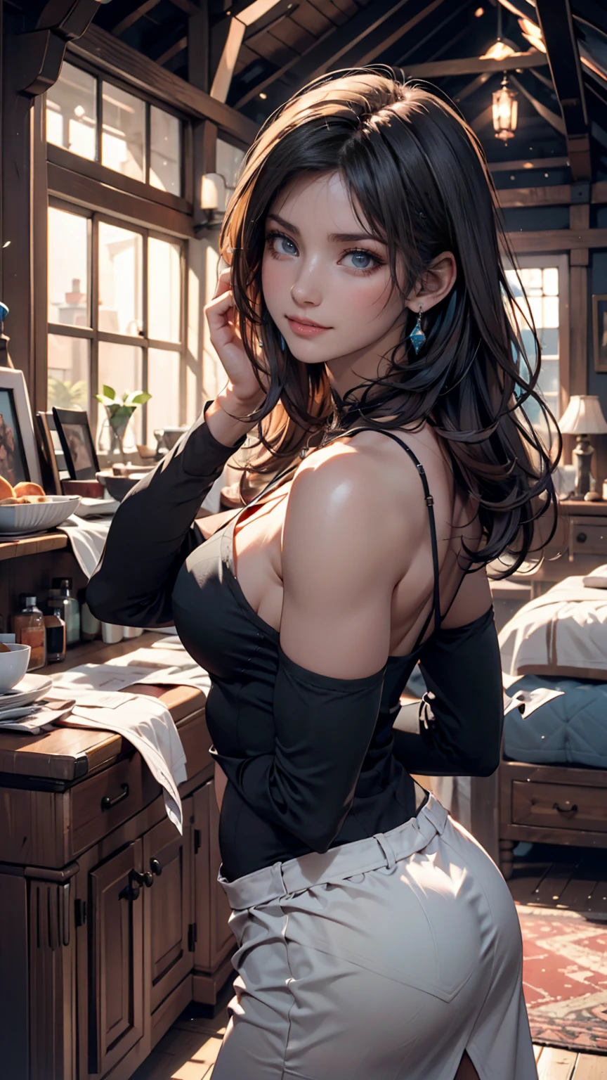 work of art, best qualityer:1.4), solo portrait, female, Woman, voluptuous, big fit ass , europeu, brown eyes, , soft hair, Bblack hair, ,long bangs, long Bblack hair, cute, spaghetti strap t-shirt