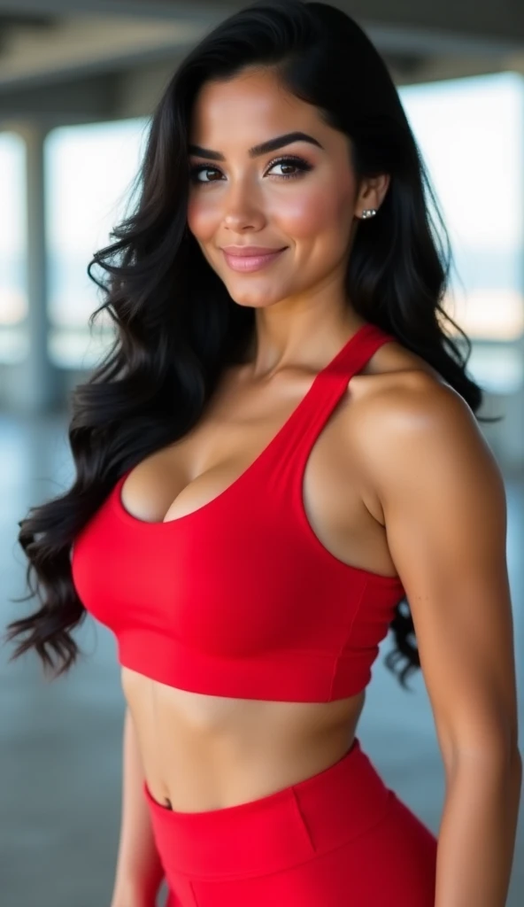 Alex Morgan dressed in tight and sensual clothes with red lipstick and smiling