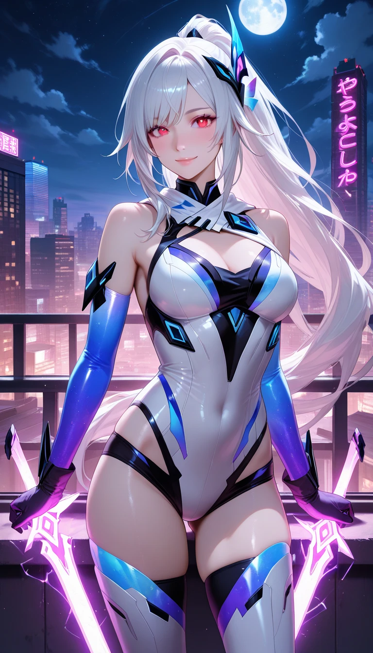 (Trading Card Game Frames:1.7),Cute round face,Cute smile,large full breasts,Dark fantasy world view,Cyber City at Night,(Gorgeous night view illumination:1.3),(a girl standing at the rooftop of a building:1.3).(Sexy super shiny orange transparent holographic mechanical cyberpunk suit:1.3) ,(Mechanical suit that shines with colorful lightning:1.3),Sexy face, a necklace,piercings, Happy smile.Sexy Pose, (Silver hair、Ponytail twisted buns adorned with elaborate braids and beads,Braided Setup Fishbone Hair,),(Bangs are see-through bangs),(hair pin、poneyTail、Floating hair、),breast slip,(Emphasis on large breasts:1.Professional Lighting,Cinematic Light,(masutepiece,top-quality,Ultra-high resolution output image,) ,(The 8k quality,),(Sea Art 2 Mode:1.3),,(Image Mode Ultra HD,)