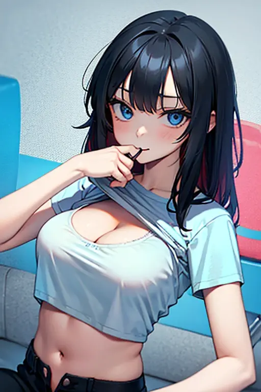 1girl, large breasts,clothes in mouth, cleavage, navel, t-shirt, ((bra)),clothes lift, shirt in mouth, black hair, blue eyes
