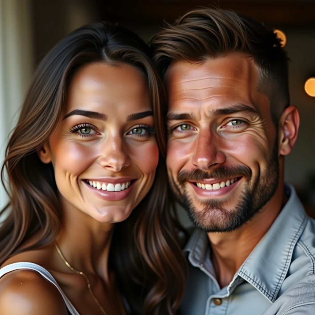 Male Lieutenant, rubio, young, with beard, and with muscles and tall, next to a black-haired woman with blue eyes, with a black t-shirt, both smiling.