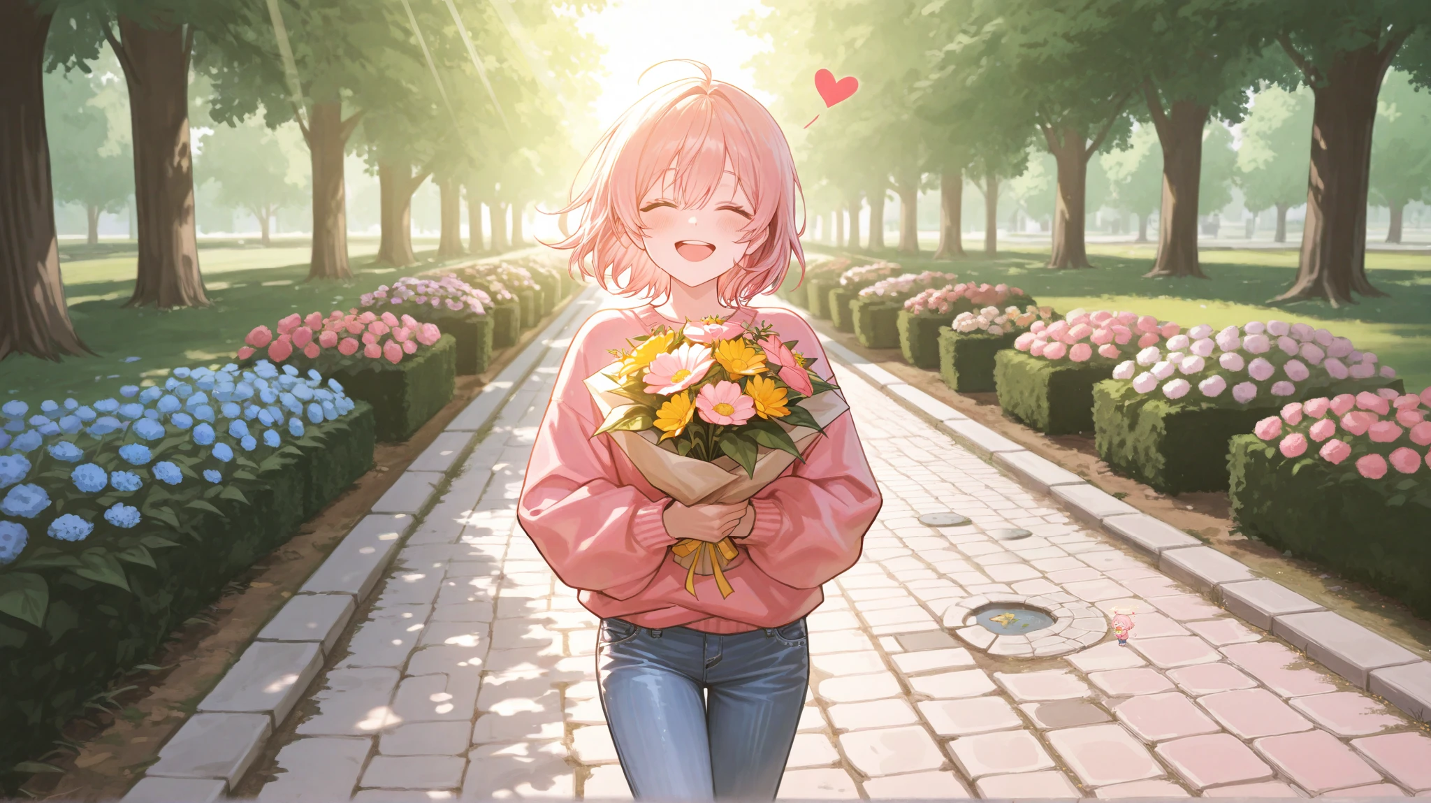 A lively campus garden in full bloom. Jiwon, dressed in a pastel pink sweater and denim jeans, walks along a stone path, carrying a small bouquet of flowers. Beside her, Minseok, a friendly young man with an easygoing smile, playfully hands her an extra coffee. They laugh together, the sunlight filtering through the trees casting a golden glow around them. Though Jiwon’s heart is still healing, she begins to realize that happiness can bloom in the most unexpected places.