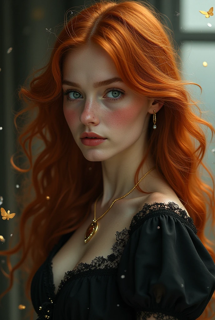(solo, full body photo:1.3), (action packed:1.3), (haze, fog, mist:1.3), chiaroscuro, best quality, photorealistic, 1woman, (cute), (24yo:1.2), redhead, long ginger hair highly detailed, 1700'S, digital photography, art by artgerm and ruan jia and greg rutkowski surreal painting gold butterfly filigree, broken glass, (masterpiece, sidelighting, finely detailed Fashionable eyes: 1.2) (perfect oval large eyes that gazes at the viewer), beautiful detailed face, blue gorgeous perfect eyes, (blonde hair ponytail), (attractive young woman:1.3), (thick amazing hair), (seductive:1.1), (blushing:1.1)