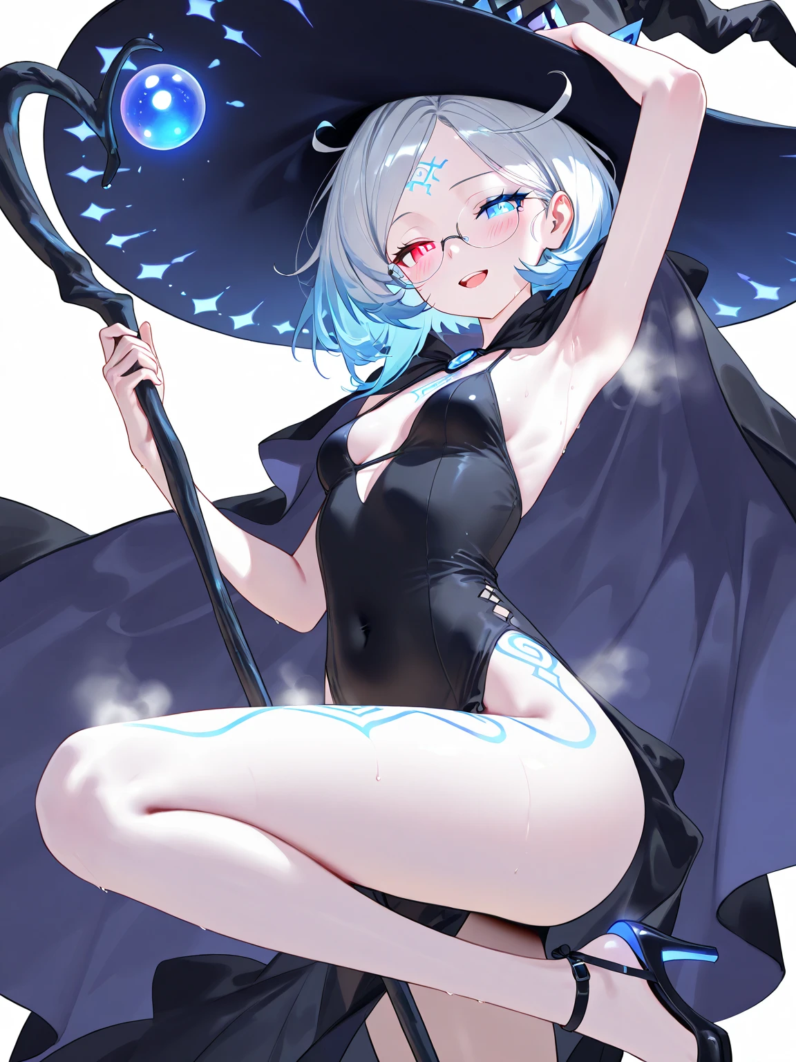 Blue aura, blue eyes, black poncho, short sleeves, black panties, crazy, smiling, sharp stare, holding bat, evil, short, black background, tight clothing, , glowing aura, glowing blue, blue effects, glowing blue effects, Frost blue hair, short hair, no chest, blue poncho, light blue eyes, short, , sparkling eyes, small, , blue horns, huge horns, young