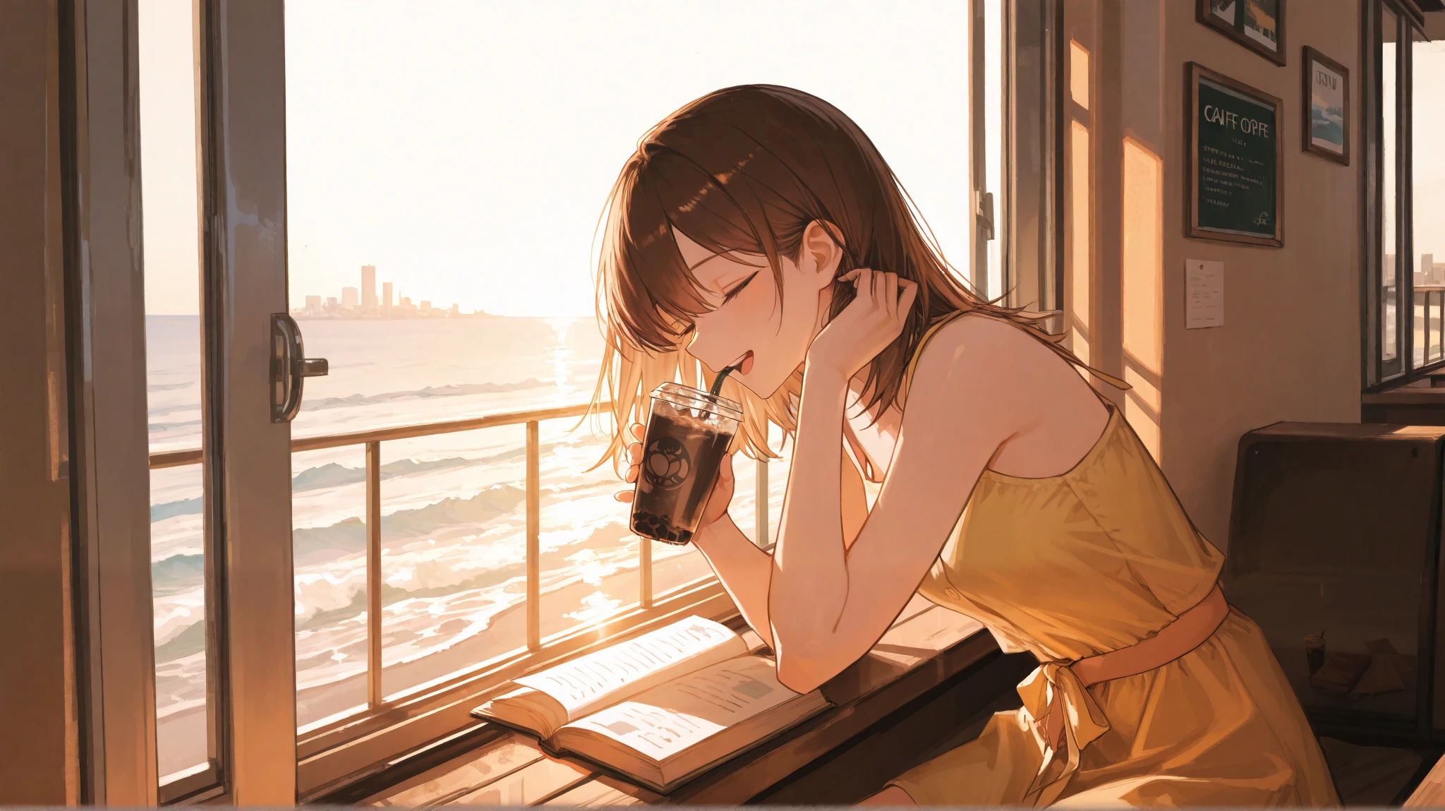 A peaceful beachside café in Busan, where the waves gently crash in the distance. Jiwon, now a university student, sits by the window, sipping iced coffee as she reads a book. She wears a light yellow sundress, her brown hair tucked behind her ear as a soft breeze flutters the pages. Outside, students laugh and stroll along the shoreline, their carefree energy blending with the warm afternoon glow. Jiwon smiles to herself—this new city, this new life, holds endless possibilities.