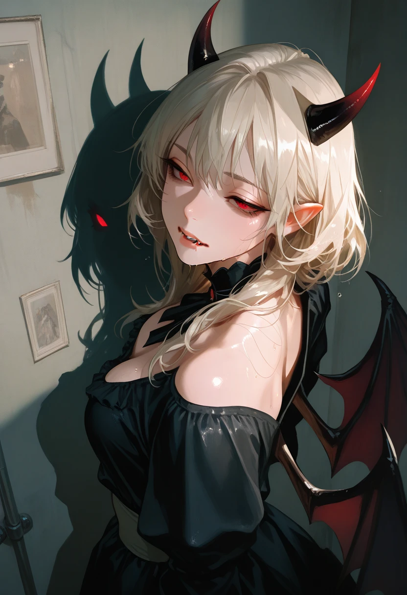 1girl, demon, crazy expression, evil, mint eyes, blonde almost white hair, demon horns, demon wings on her back, small breast