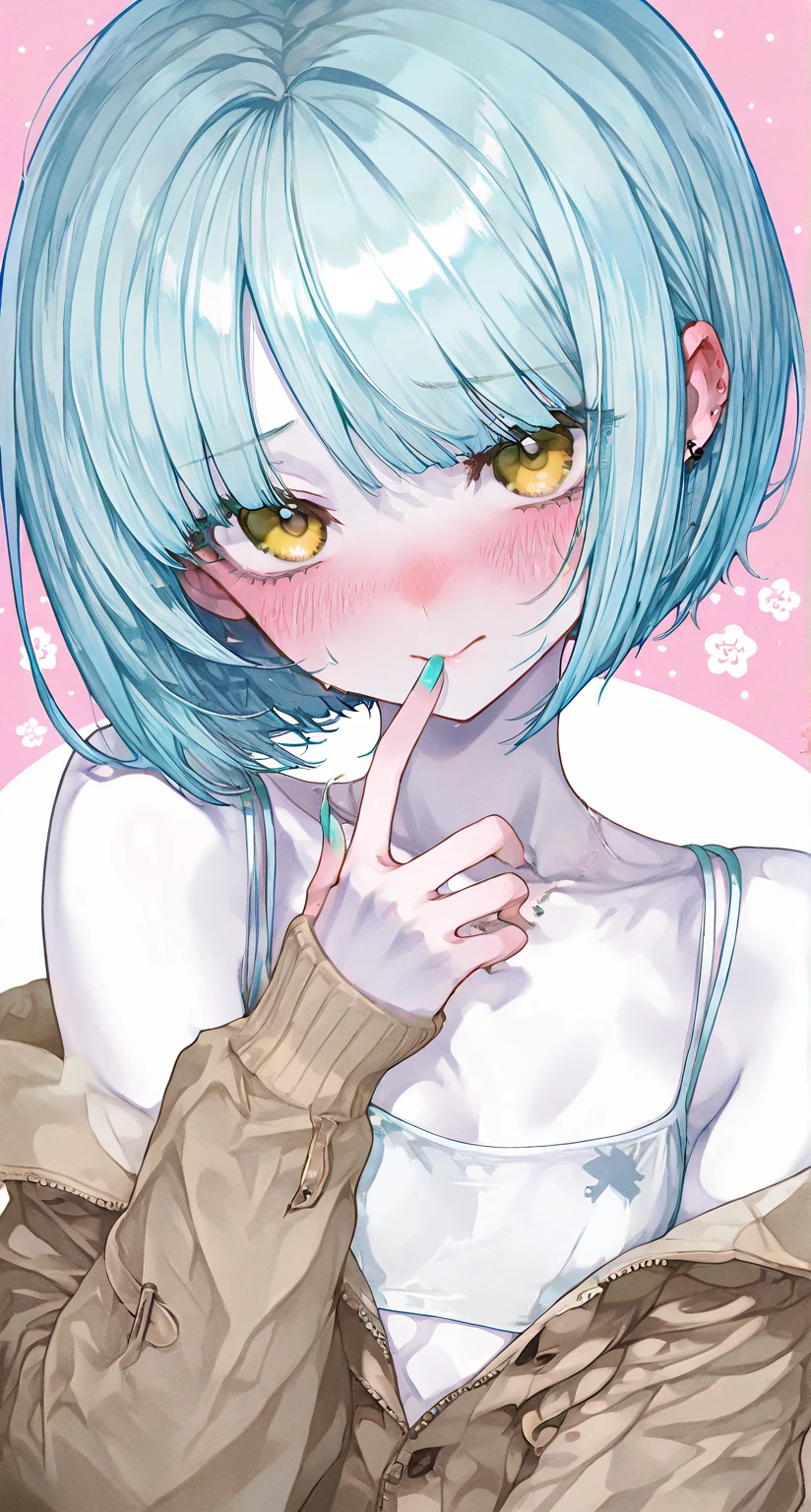1 cool girl, solo, white skin, watahana, yellow eyes, light blue hair, bob cut hair, bangs, lovestruck, rest, Blushing, look at viewer, flat chest, fine japan girl fashion, ultimate quality, full face, upper body, gyaru,
